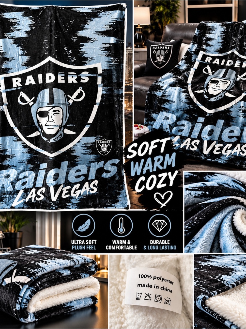 Riders by Lee Raiders Las Vegas Plush Throw Blanket - Black & Light Blue